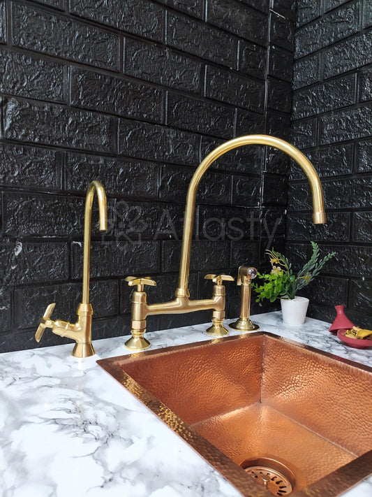 Unlacquered Brass Bridge Kitchen Faucet with Sprayer, Cold Water Tap, and Cross Handles - Ref: APC-91