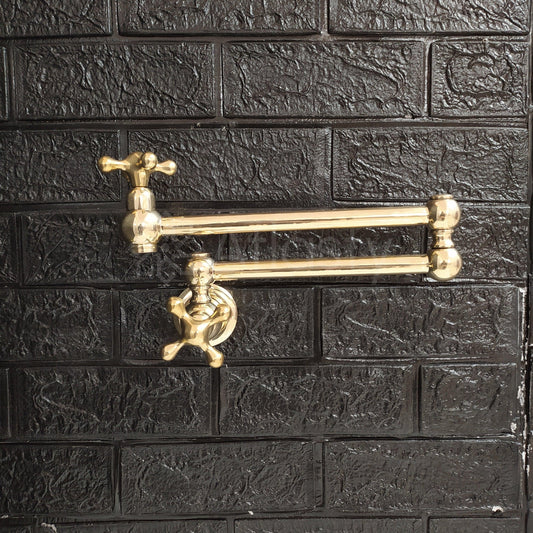Wall Mount Pot Filler Kitchen Faucet, Unlacquered Solid Brass Pot Filler Kitchen Faucet with Cross Handle , Antique Brass