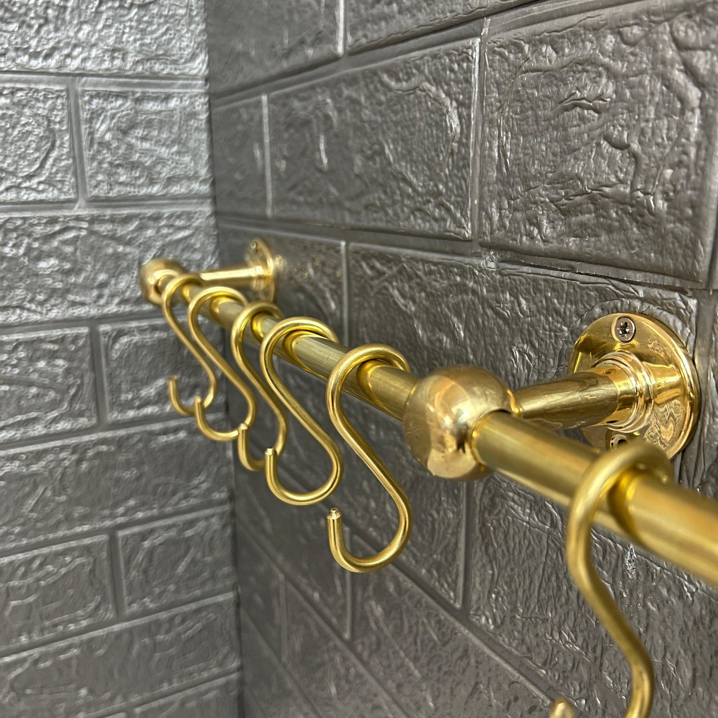 Estantes para ollas de latón antiguo sin lacar para montaje en pared, riel de cocina de latón con ganchos desmontables