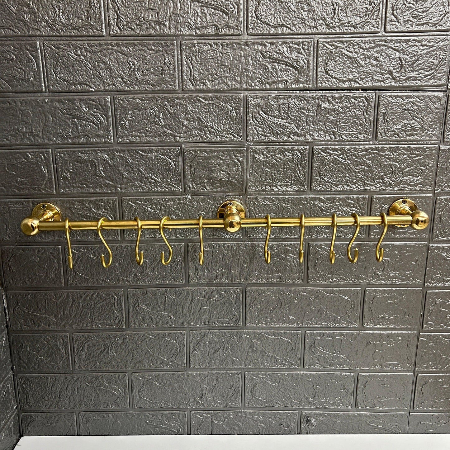 Antique Unlacquered Brass Pot Racks Wall Mounted, Brass Kitchen Rail With Detachable Hooks