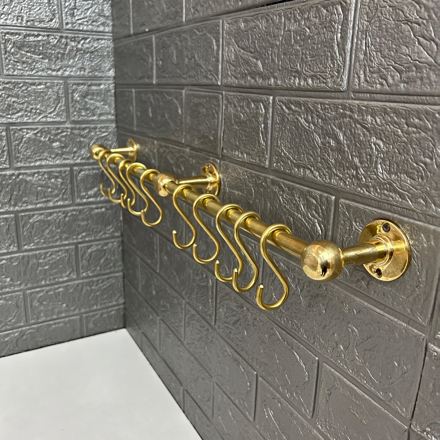 Antique Unlacquered Brass Pot Racks Wall Mounted, Brass Kitchen Rail With Detachable Hooks