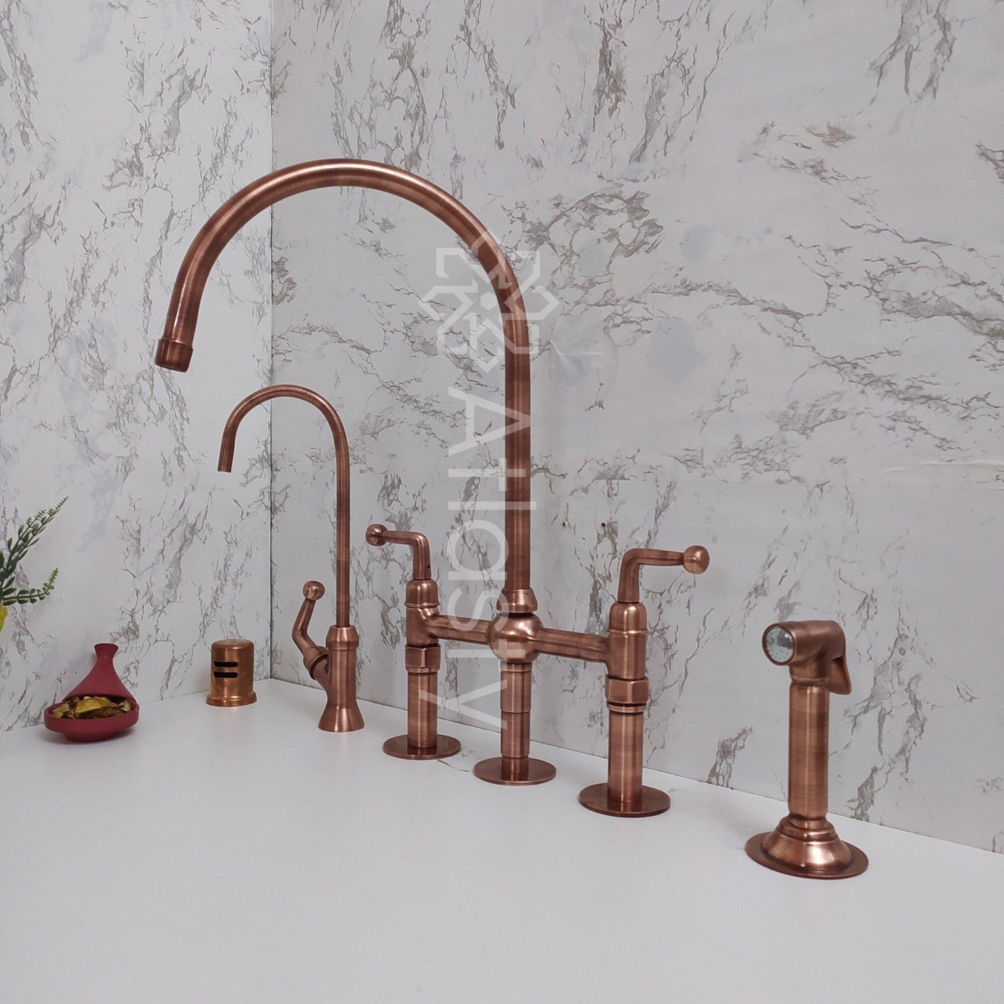 Antique Copper Kitchen Bridge Faucet with Sprayer and Cold Water Faucet - Unique and Functional Design for Traditional & Farmhouse Kitchens