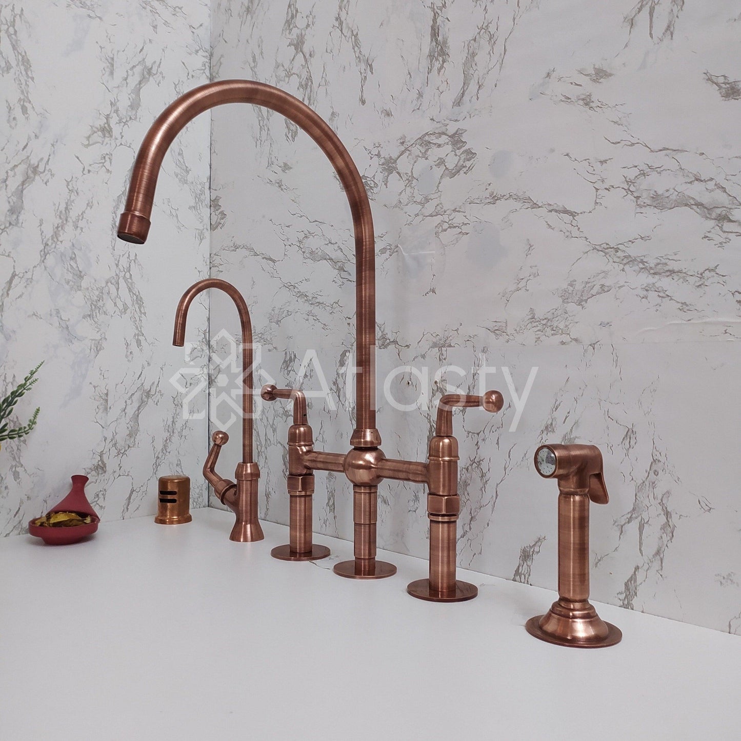 Antique Copper Kitchen Bridge Faucet with Sprayer and Cold Water Faucet - Unique and Functional Design for Traditional & Farmhouse Kitchens