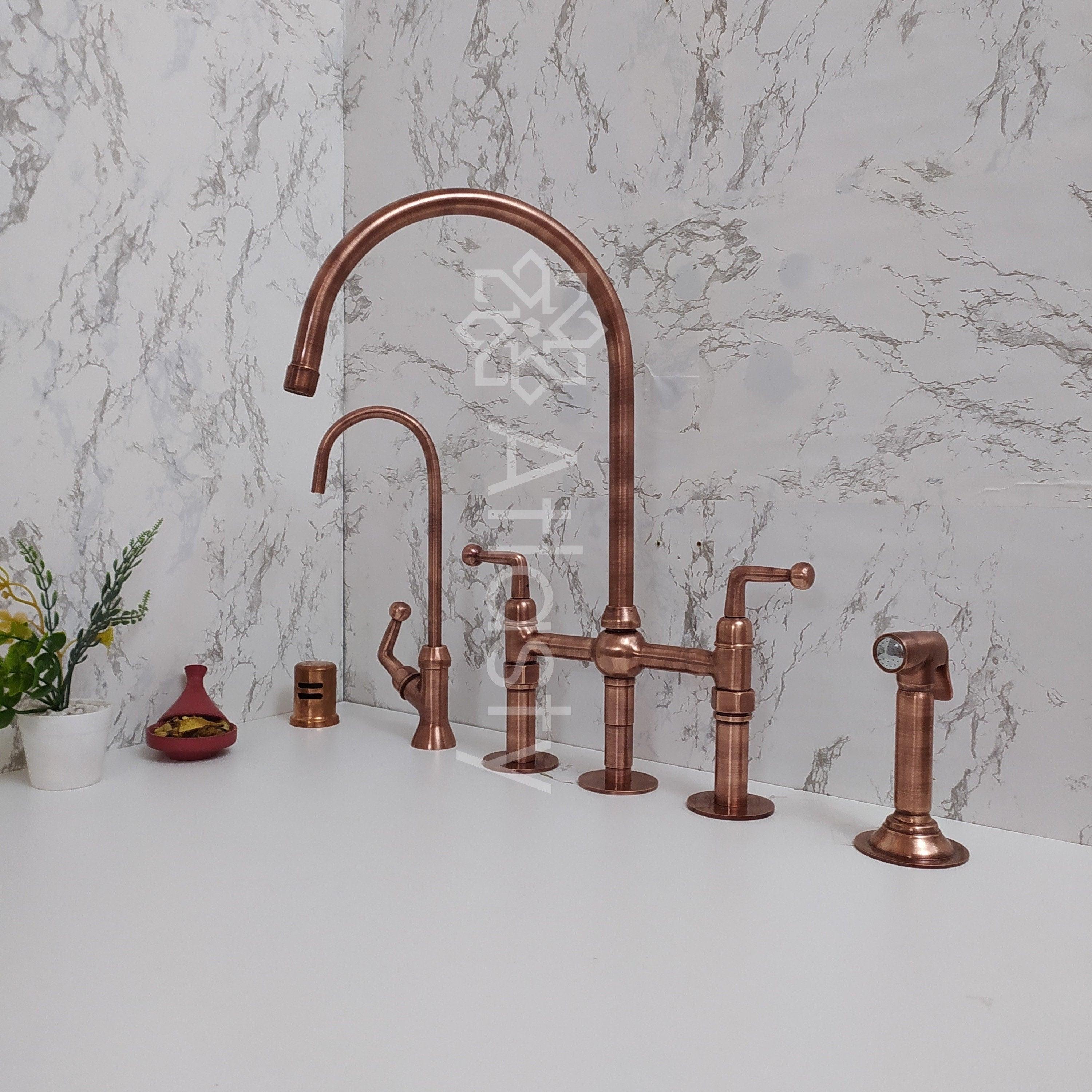 Antique Copper Kitchen Bridge Faucet with Sprayer and Cold Water Fauce ...