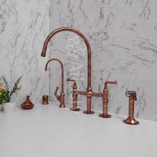 Antique Copper Kitchen Bridge Faucet with Sprayer and Cold Water Faucet - Unique and Functional Design for Traditional & Farmhouse Kitchens