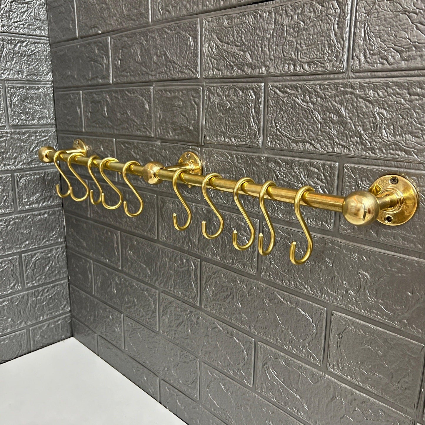 Antique Unlacquered Brass Pot Racks Wall Mounted, Brass Kitchen Rail With Detachable Hooks