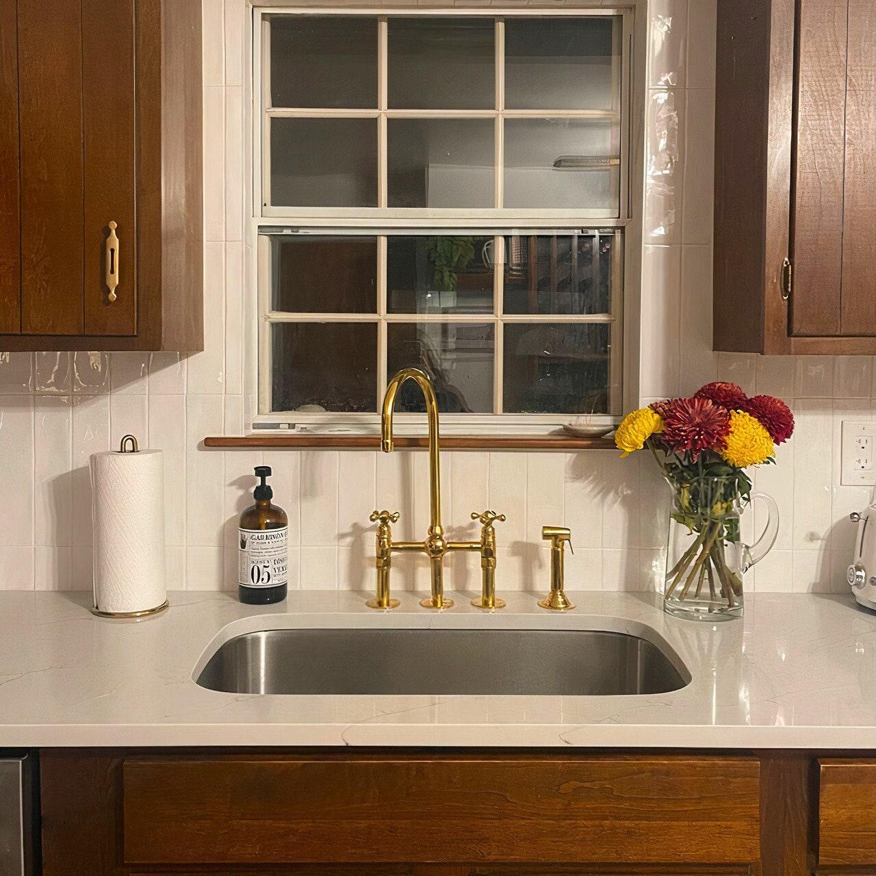 Unlacquered Brass Bridge Kitchen Faucet with Ball Center, 3 Straight Legs, And Cross Handles - 8" Spread - Ref: APC-94