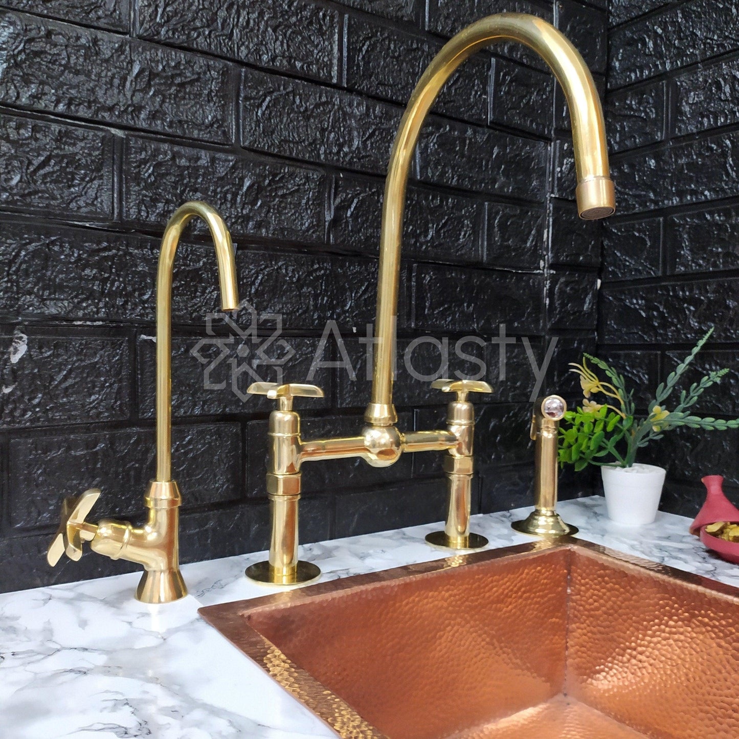 Unlacquered Brass Bridge Kitchen Faucet with Sprayer, Cold Water Tap, and Cross Handles - Ref: APC-97