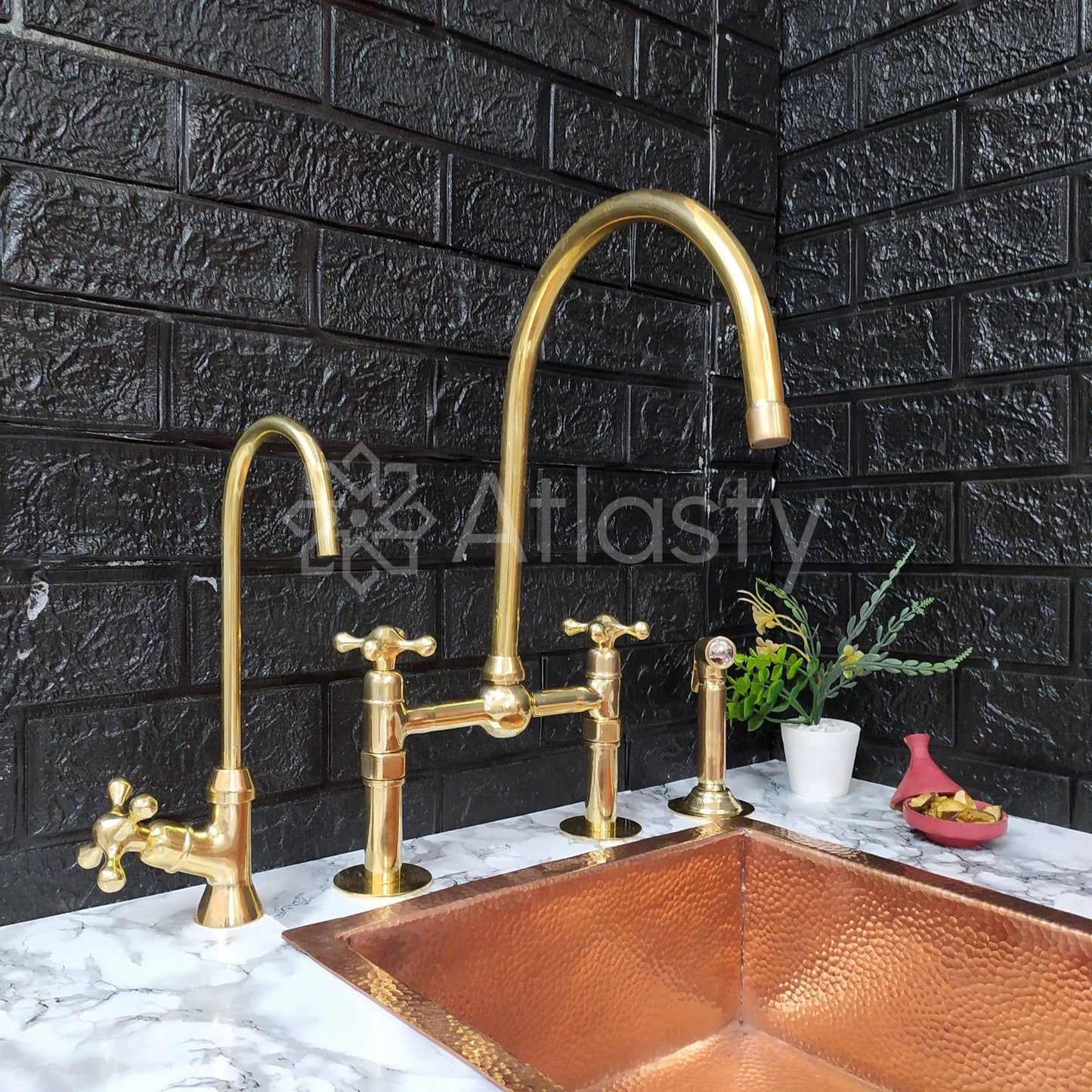 Unlacquered Brass Bridge Kitchen Faucet with Sprayer, Cold Water Tap, and Cross Handles - Ref: APC-97