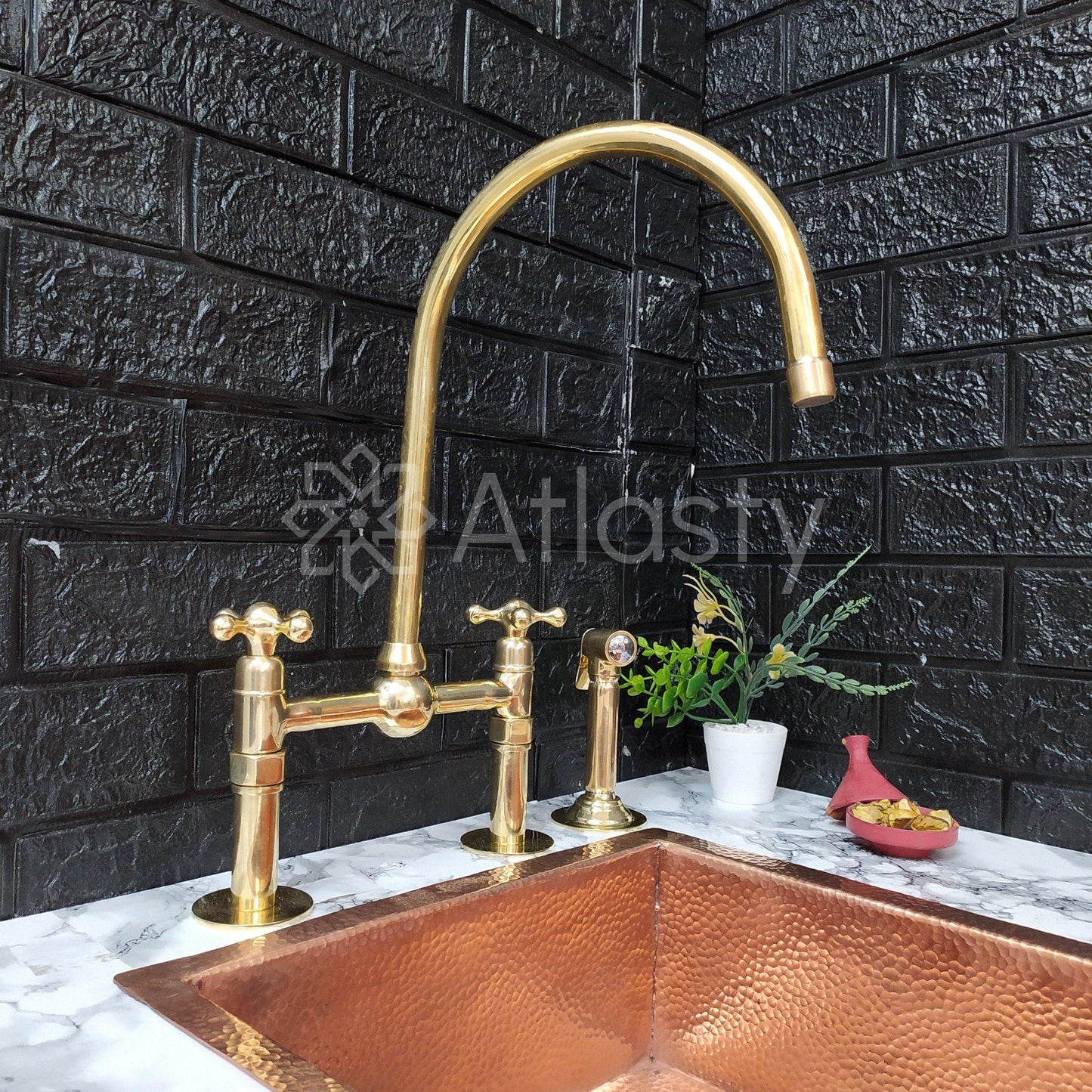 Unlacquered Brass Bridge Kitchen Faucet with Sprayer, Cold Water Tap, and Cross Handles - Ref: APC-97