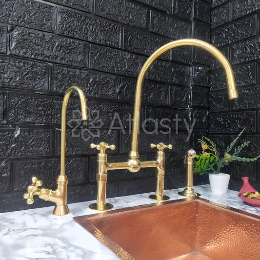 Unlacquered Brass Bridge Kitchen Faucet with Sprayer, Cold Water Tap, and Cross Handles - Ref: APC-97