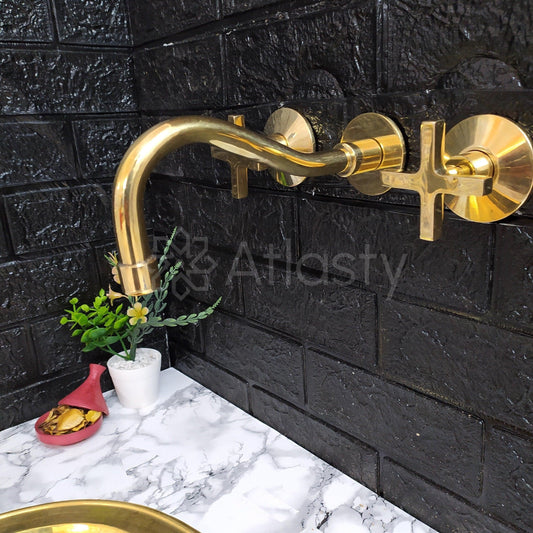 Unlacquered Brass Gooseneck Wall Faucet, Hot and Cold Bathroom Faucet With Traditional Handles