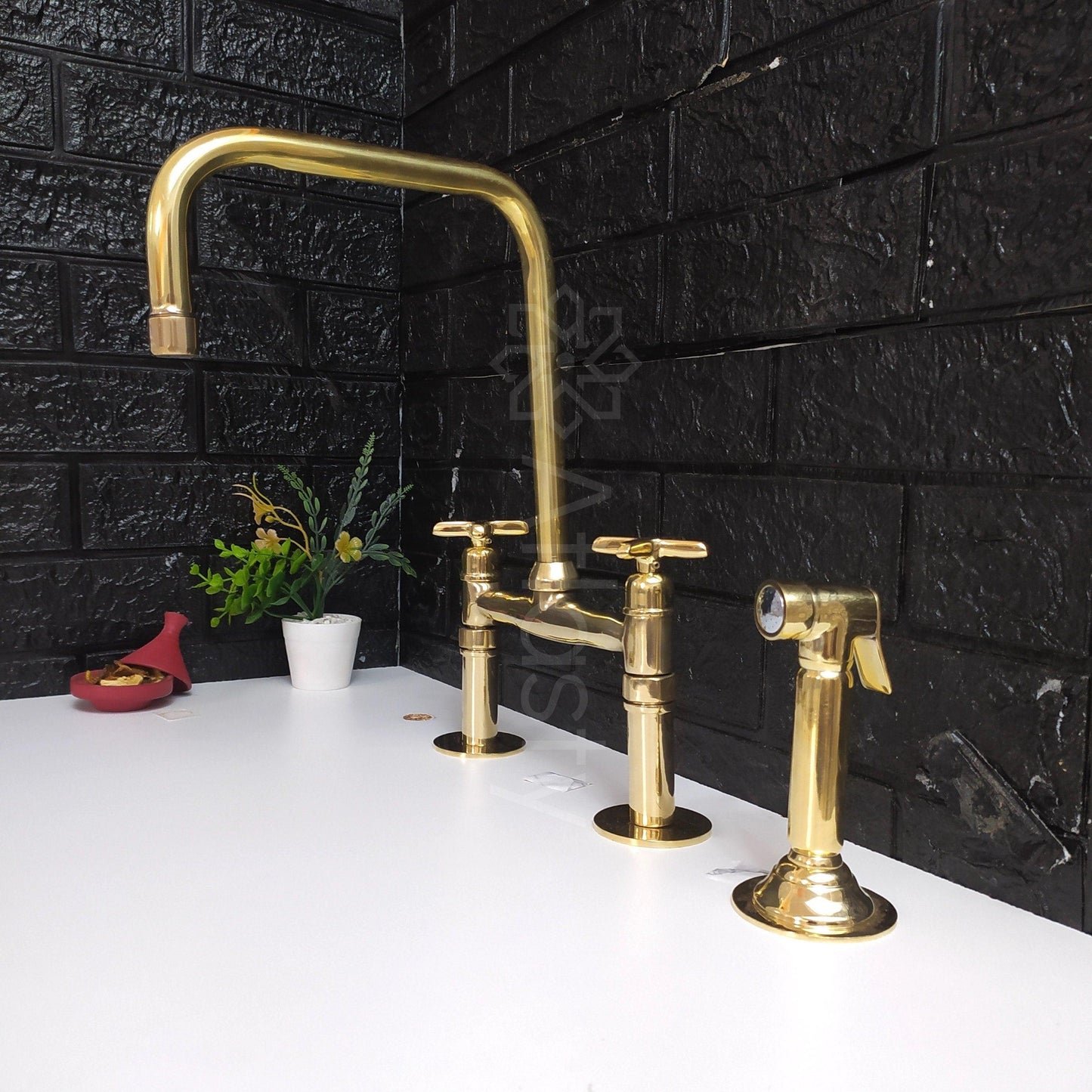 Unlacquered Brass Bridge Kitchen Faucet with Sprayer, Cold Water Tap, and Cross Handles - Ref: APC-96