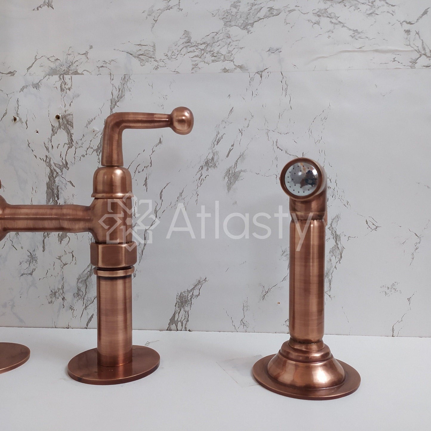 Antique Copper Kitchen Bridge Faucet with Sprayer and Cold Water Faucet - Unique and Functional Design for Traditional & Farmhouse Kitchens