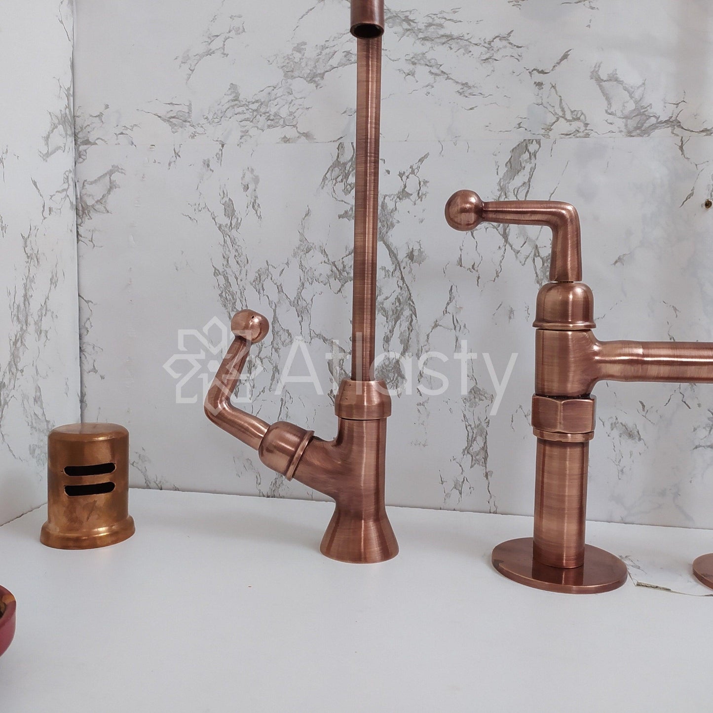 Antique Copper Kitchen Bridge Faucet with Sprayer and Cold Water Faucet - Unique and Functional Design for Traditional & Farmhouse Kitchens