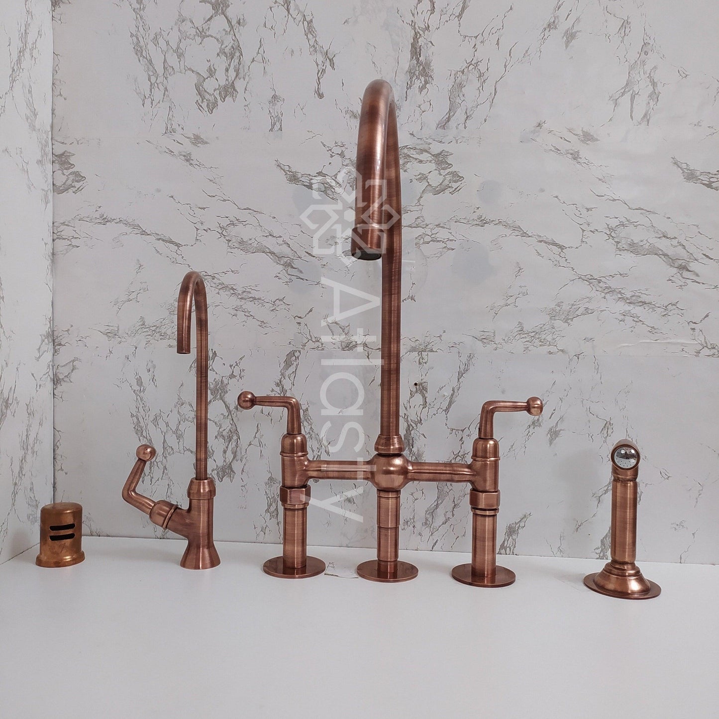 Antique Copper Kitchen Bridge Faucet with Sprayer and Cold Water Faucet - Unique and Functional Design for Traditional & Farmhouse Kitchens