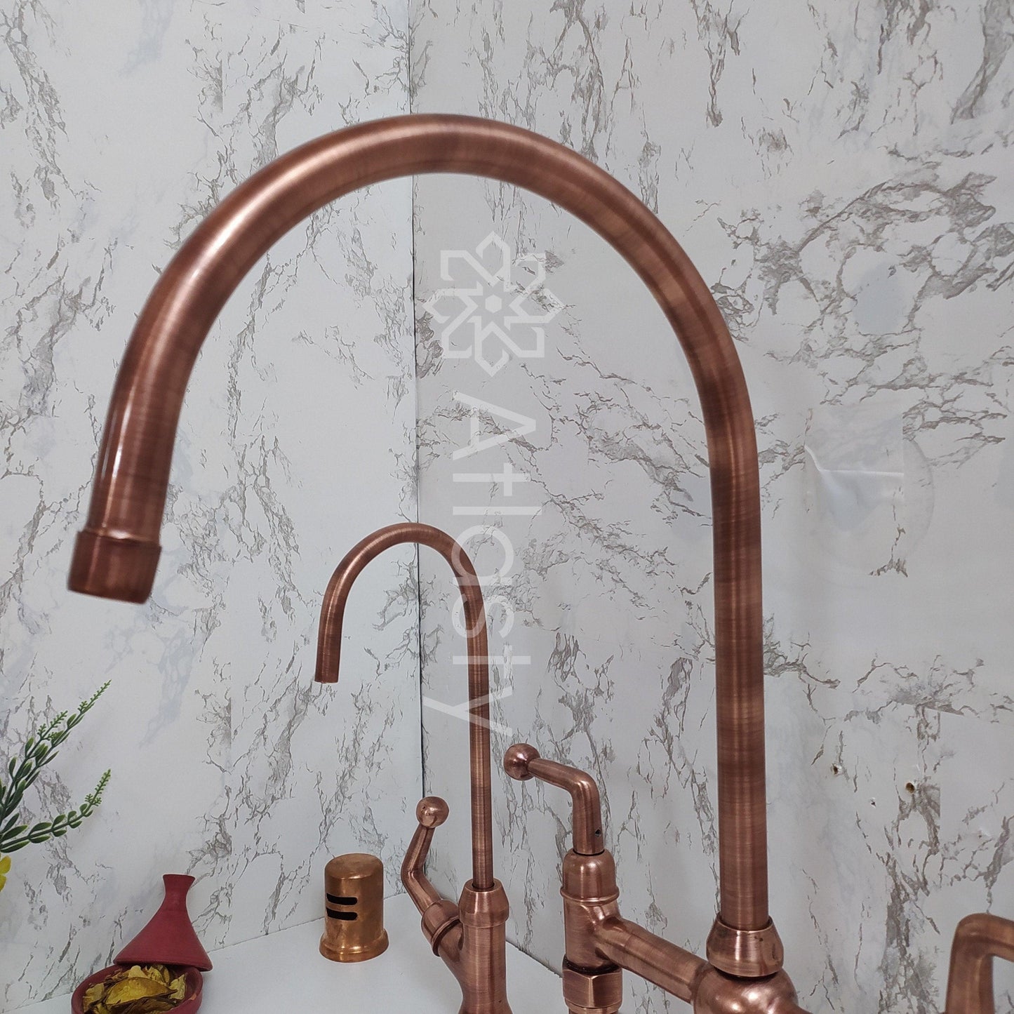 Antique Copper Kitchen Bridge Faucet with Sprayer and Cold Water Faucet - Unique and Functional Design for Traditional & Farmhouse Kitchens