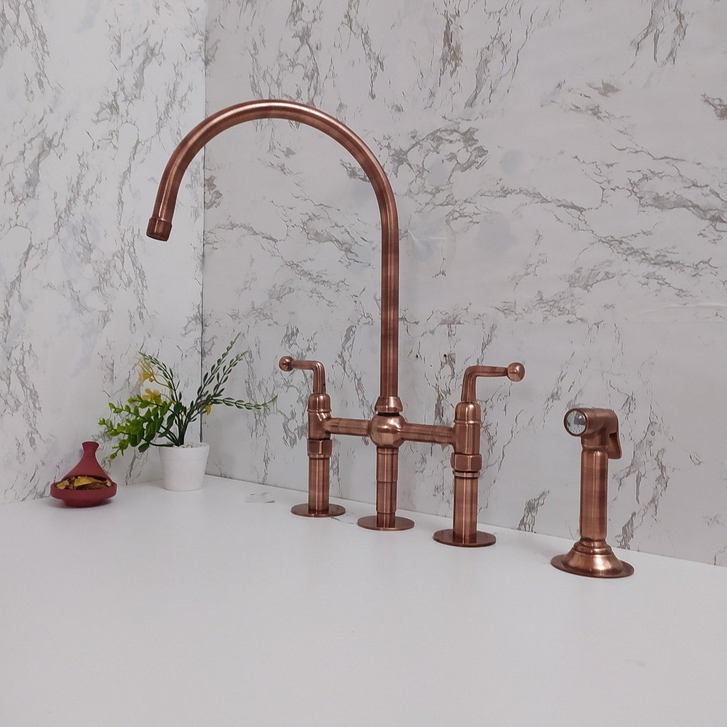 Antique Copper Kitchen Bridge Faucet with Sprayer and Cold Water Faucet - Unique and Functional Design for Traditional & Farmhouse Kitchens