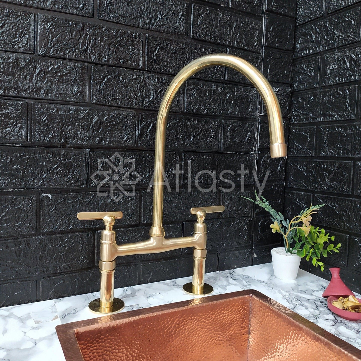 Unlacquered Brass Bridge Kitchen Faucet with Sprayer, Cold Water Tap, and Cross Handles - Ref: APL-3