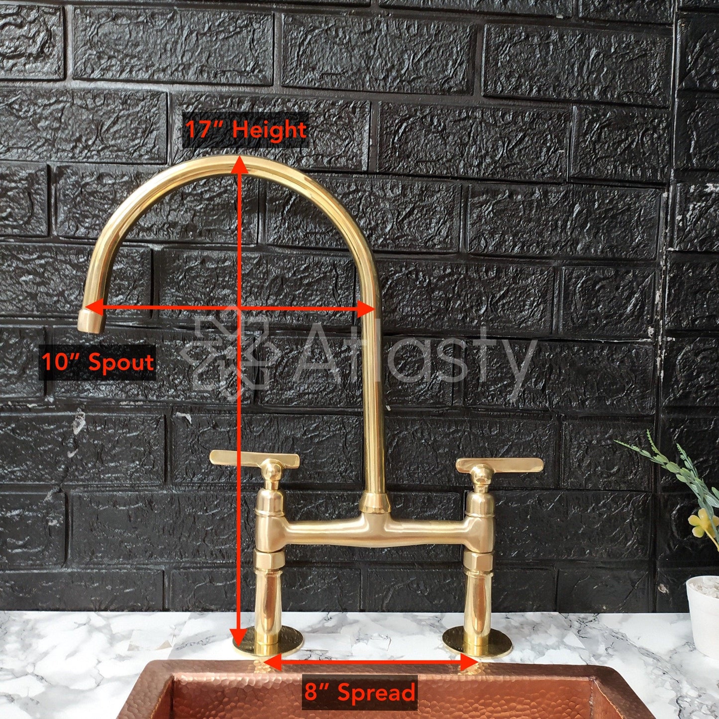 Unlacquered Brass Bridge Kitchen Faucet with Sprayer, Cold Water Tap, and Cross Handles - Ref: APL-3