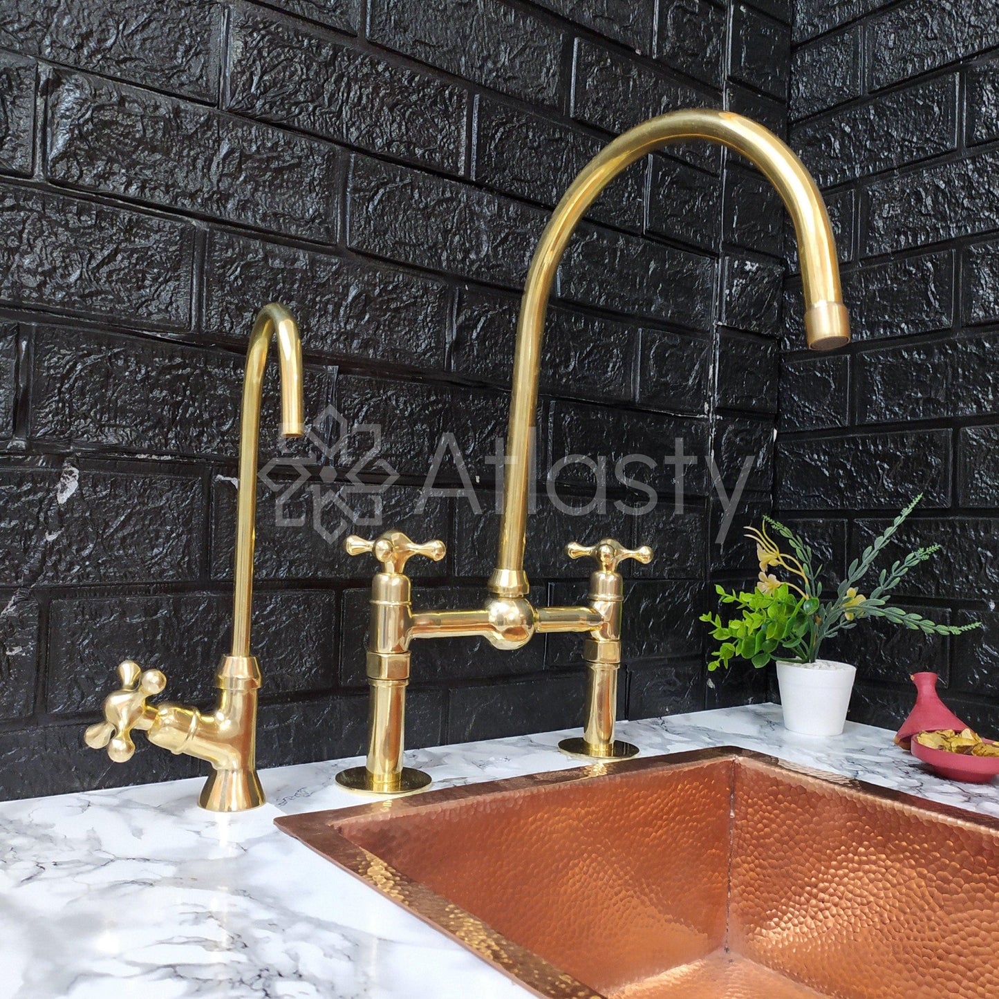 Unlacquered Brass Bridge Kitchen Faucet with Sprayer, Cold Water Tap, and Cross Handles - Ref: APC-97