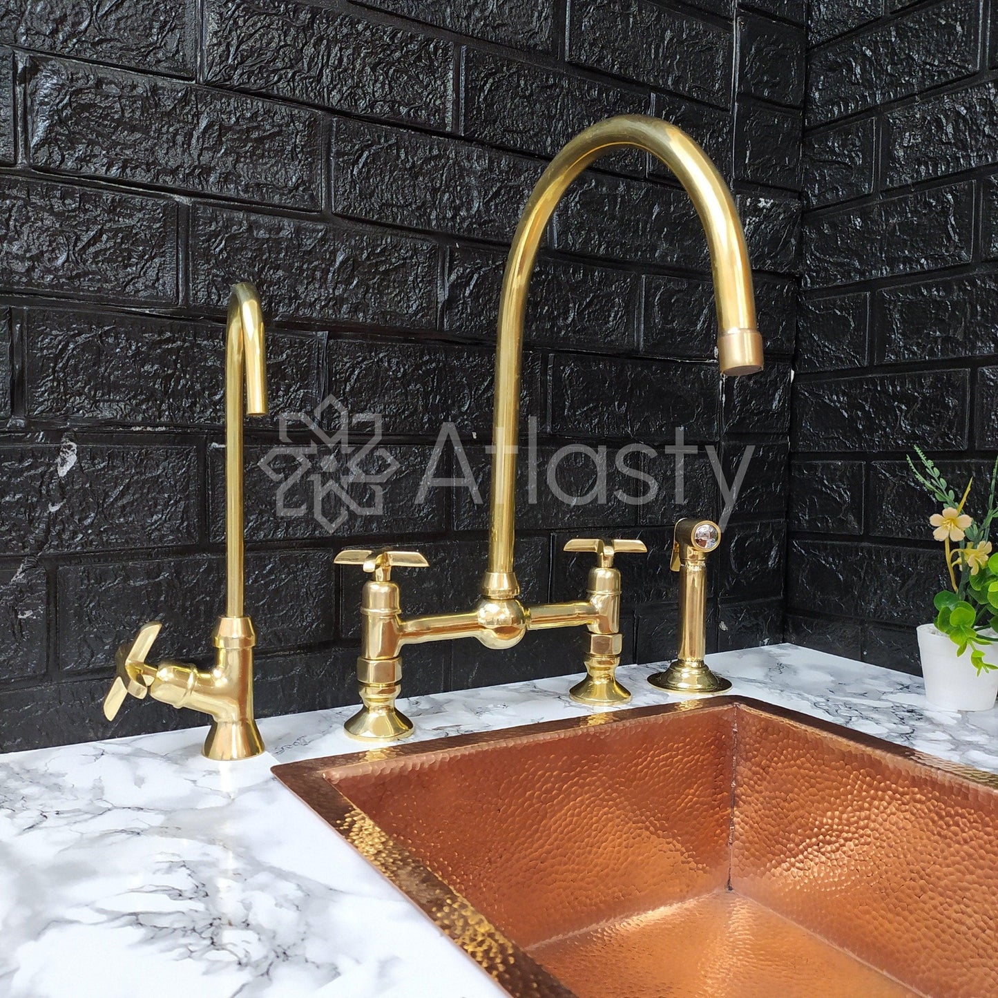 Unlacquered Brass Bridge Kitchen Faucet with Sprayer, Cold Water Tap, and Cross Handles - Ref: APC-93