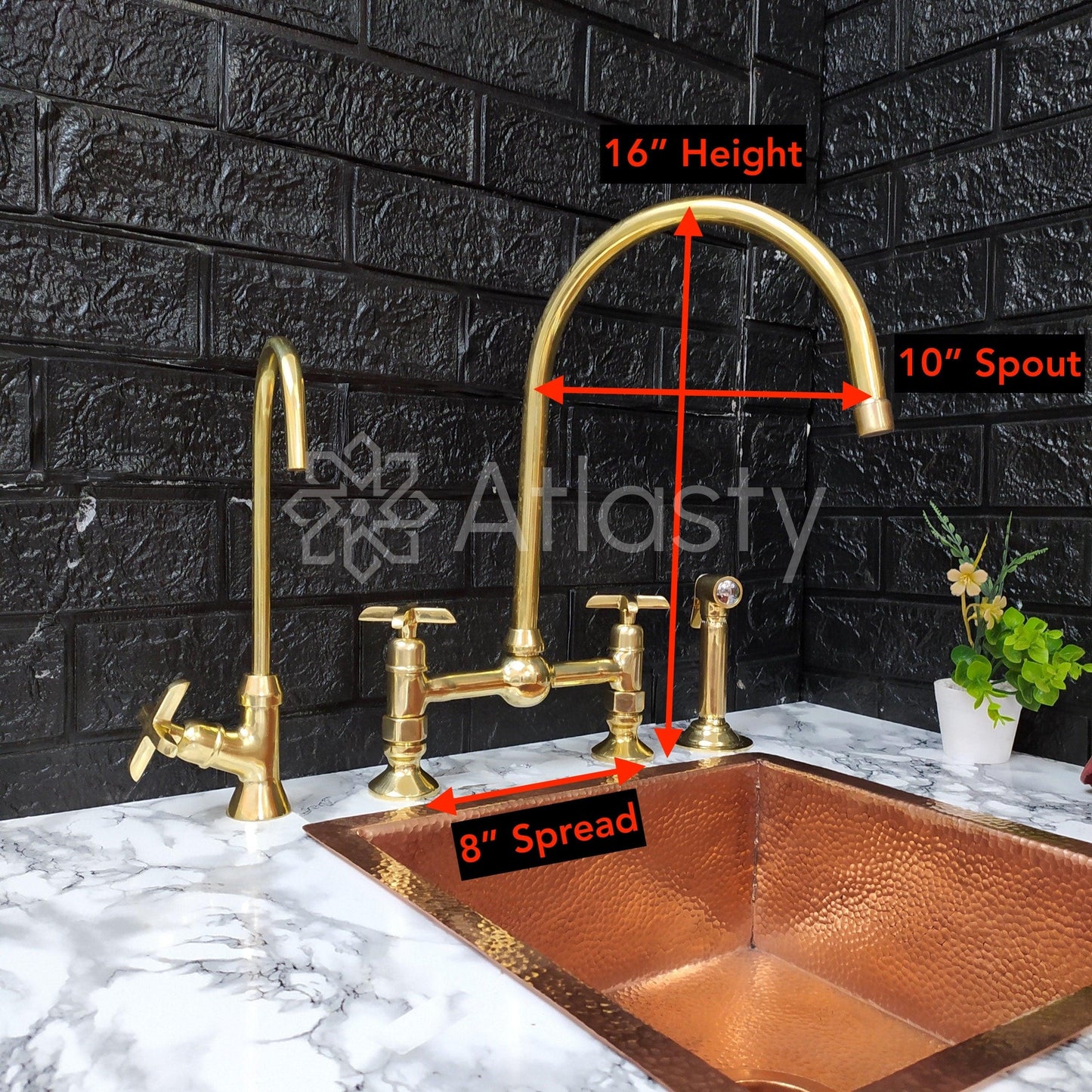 Unlacquered Brass Bridge Kitchen Faucet with Sprayer, Cold Water Tap, and Cross Handles - Ref: APC-93