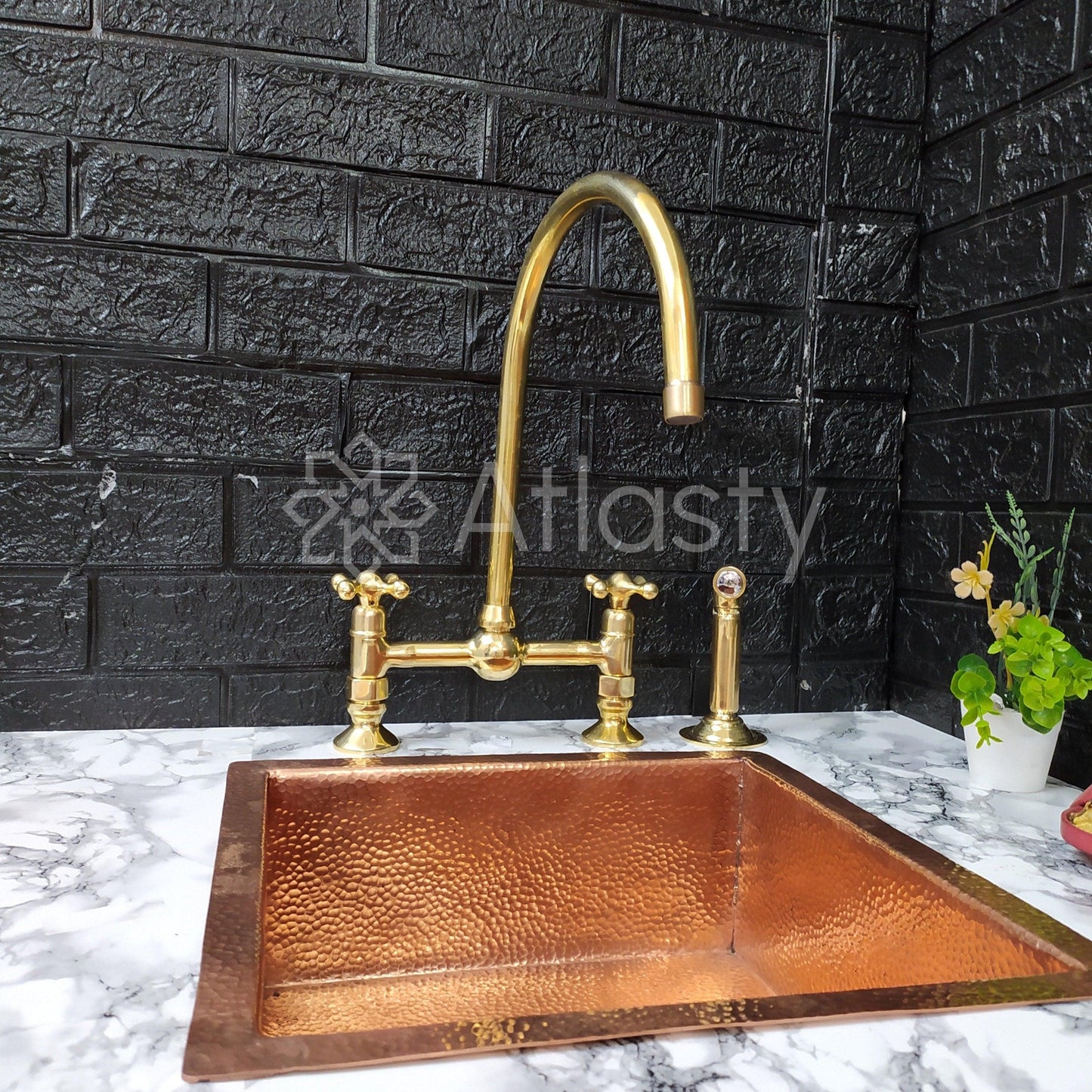 Unlacquered Brass Bridge Kitchen Faucet with Sprayer, Cold Water Tap, and Cross Handles - Ref: APC-93