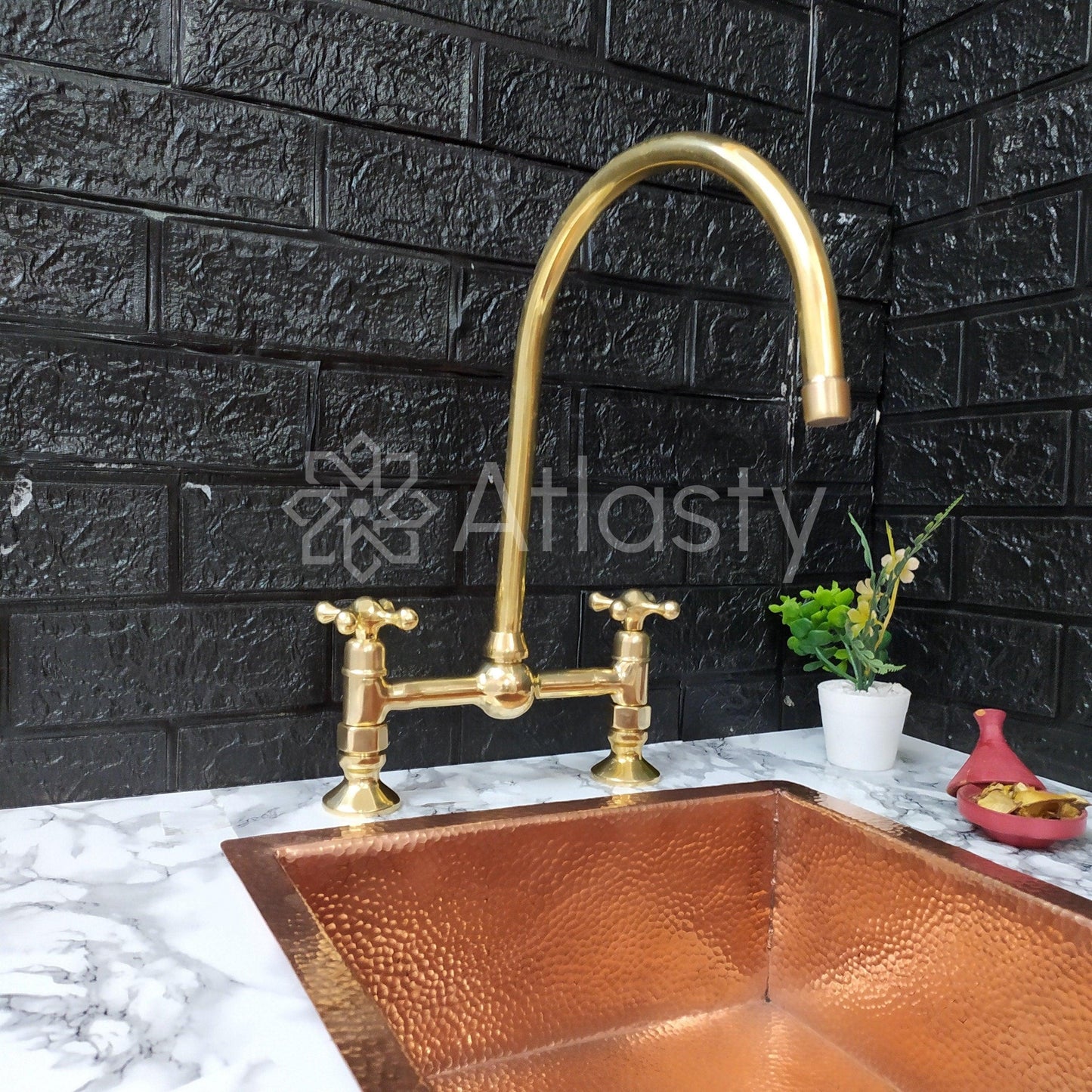 Unlacquered Brass Bridge Kitchen Faucet with Sprayer, Cold Water Tap, and Cross Handles - Ref: APC-93