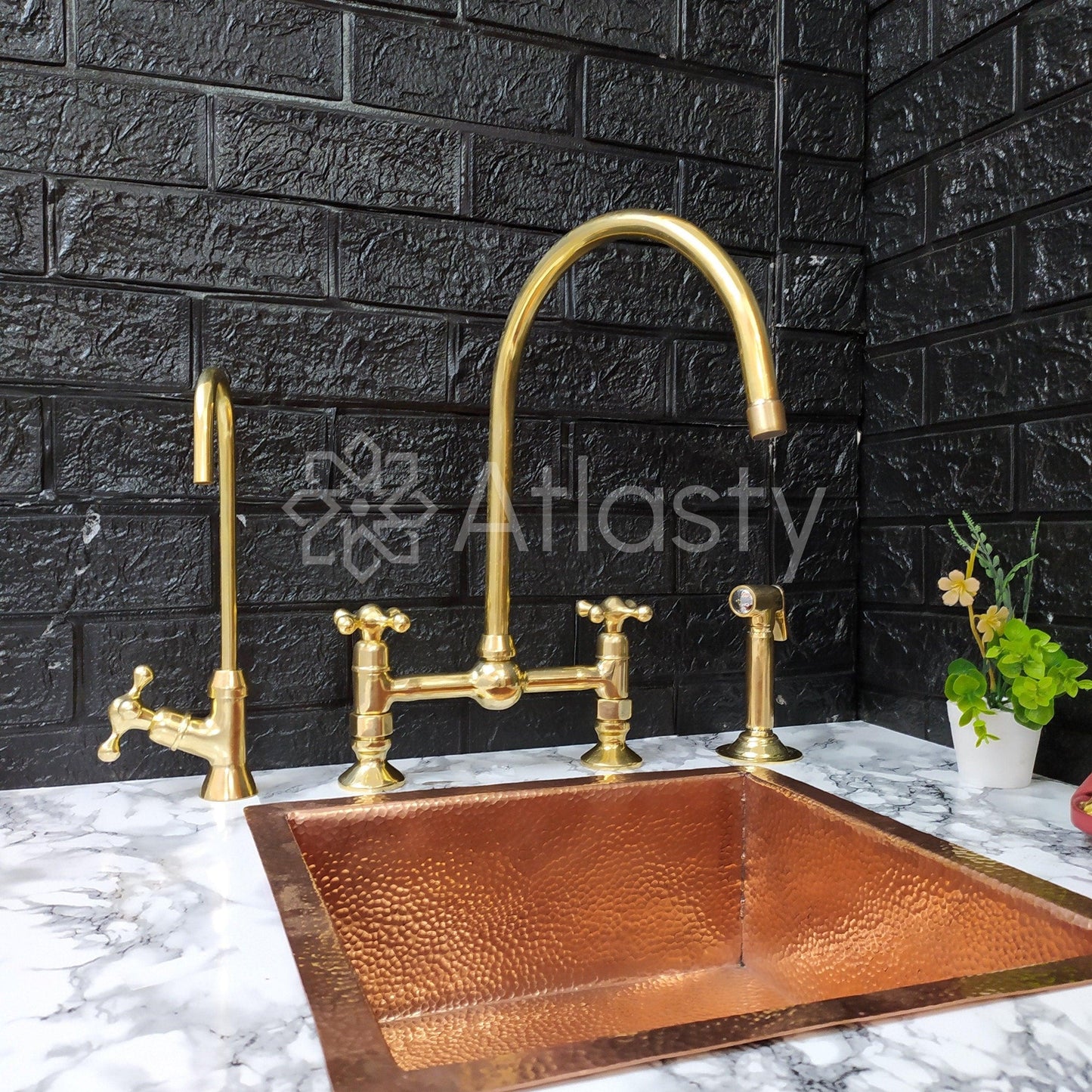 Unlacquered Brass Bridge Kitchen Faucet with Sprayer, Cold Water Tap, and Cross Handles - Ref: APC-93