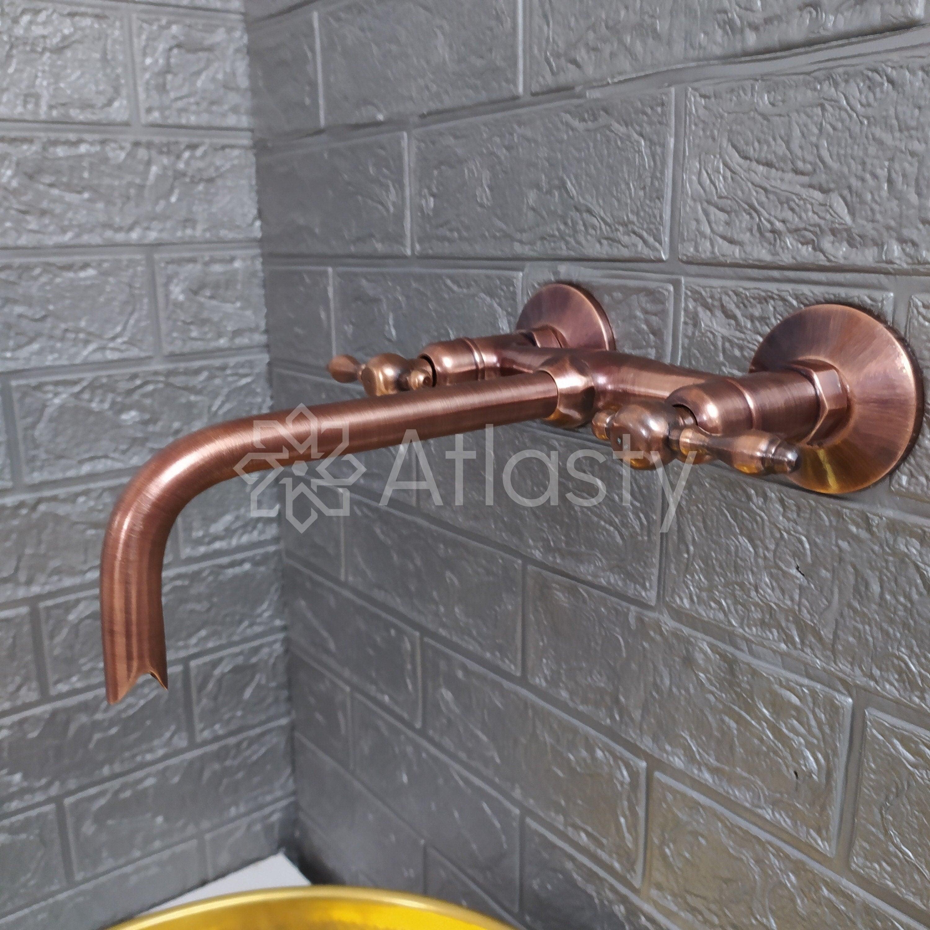 Copper Finish Wall Mounted Bathroom Vessel Sink Faucet With Lever Hand ...
