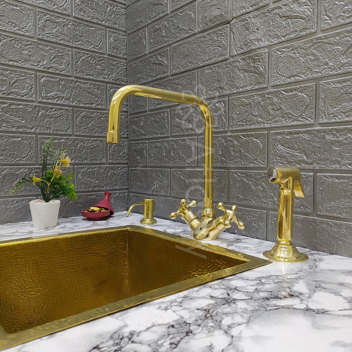 Unlacquered brass kitchen faucet set with sprayer and soap dispenser — front view