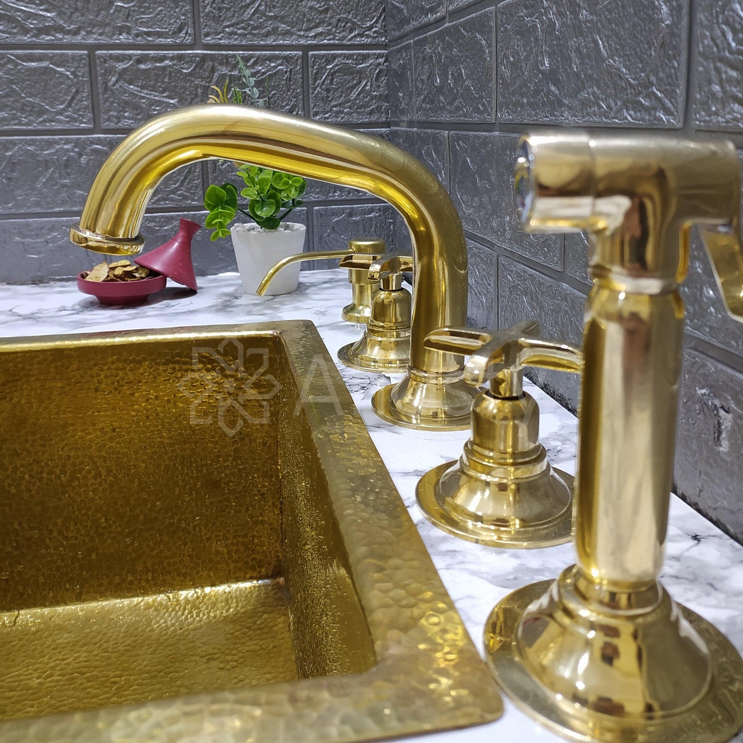 Unlacquered Brass 3 Holes Faucet with Cross or Lever Handles, Sprayer, and Soap Dispenser - Timeless Design for Kitchen or Bathroom