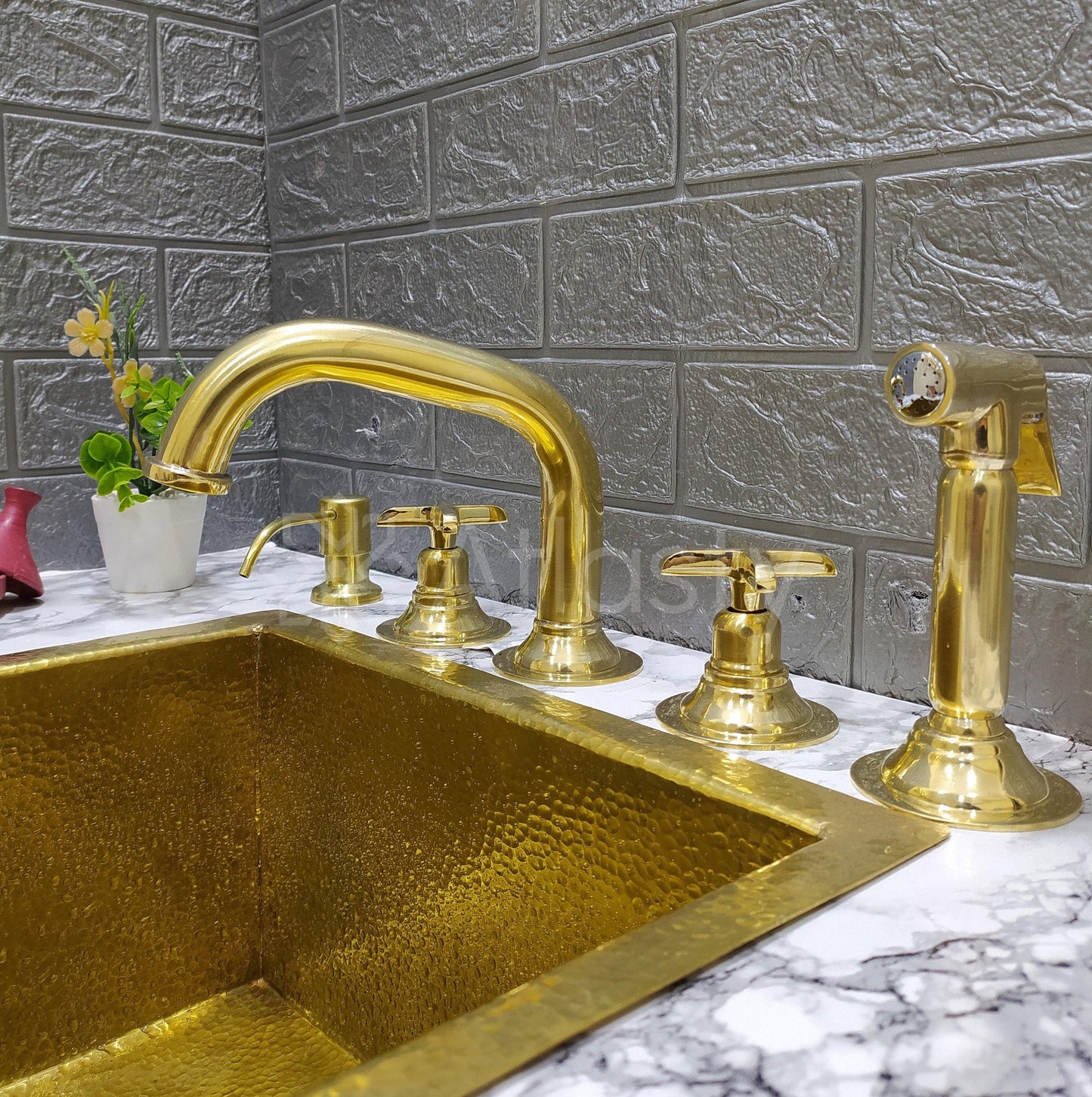 Unlacquered Brass 3 Holes Faucet with Cross or Lever Handles, Sprayer, and Soap Dispenser - Timeless Design for Kitchen or Bathroom