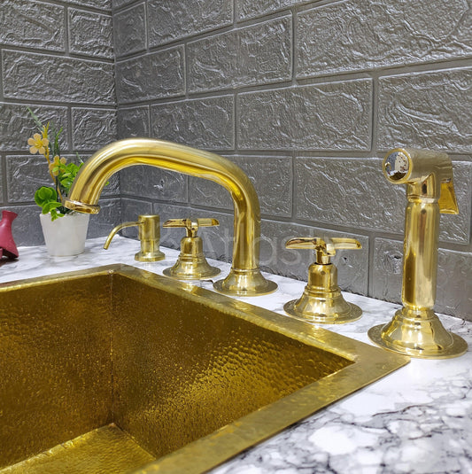 Unlacquered Brass 3 Holes Faucet with Cross or Lever Handles, Sprayer, and Soap Dispenser - Timeless Design for Kitchen or Bathroom