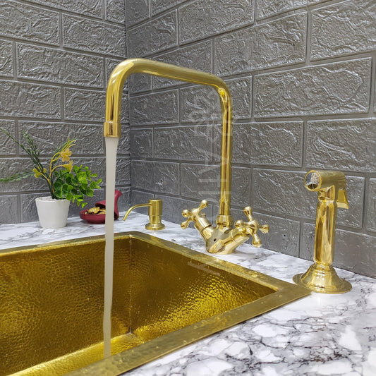 Upgrade Your Kitchen with Our Unlacquered Brass Faucet Set with Sprayer and Soap Dispenser