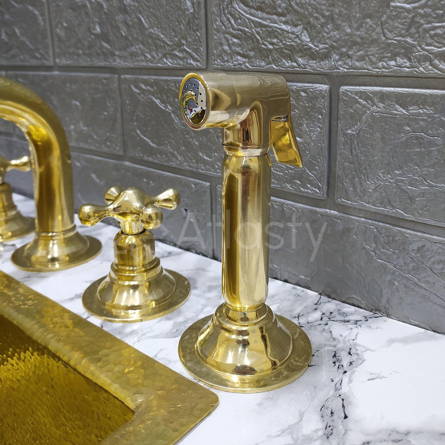 Unlacquered Brass 3 Holes Faucet with Cross or Lever Handles, Sprayer, and Soap Dispenser - Timeless Design for Kitchen or Bathroom