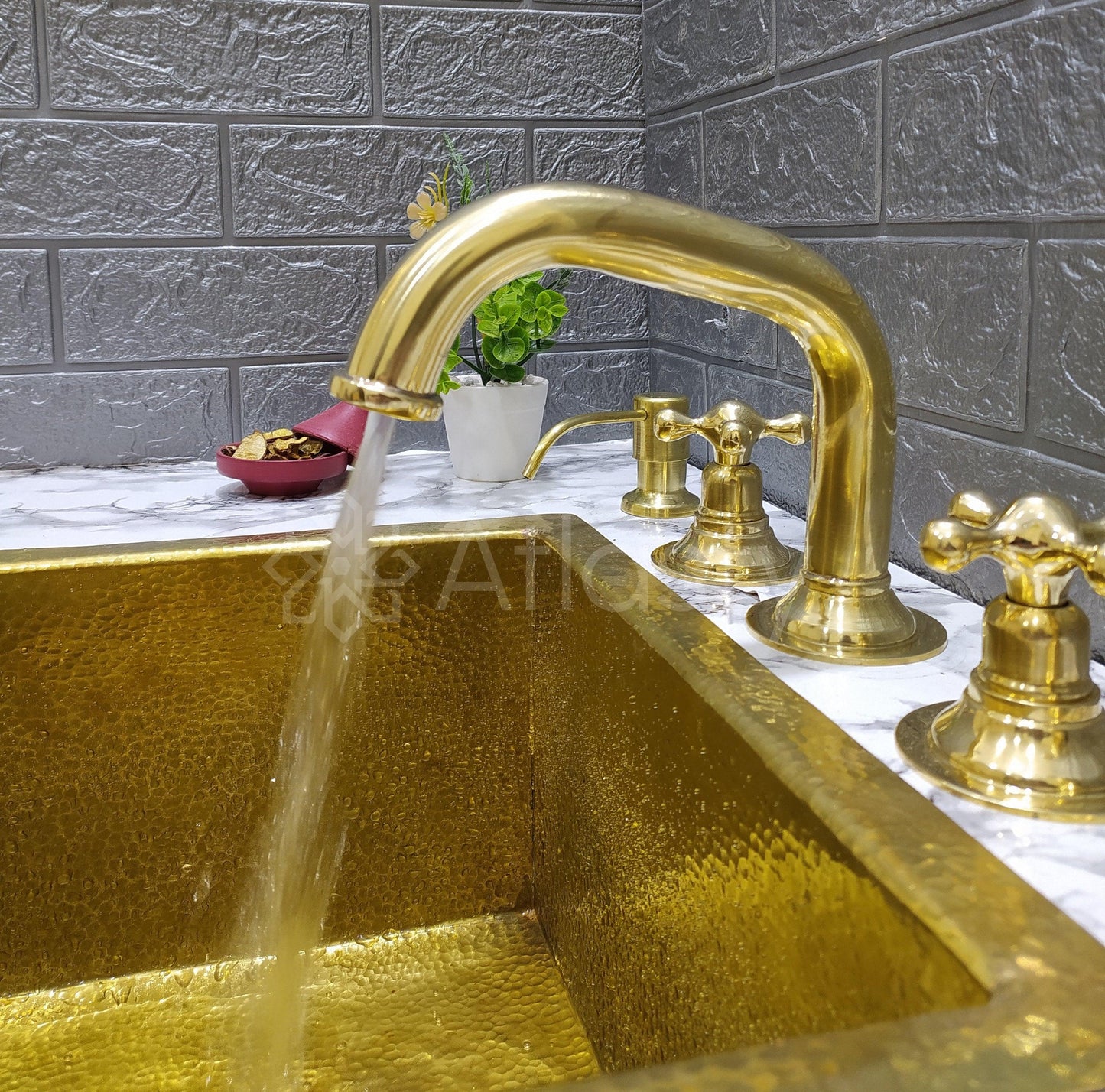 Unlacquered Brass 3 Holes Faucet with Cross or Lever Handles, Sprayer, and Soap Dispenser - Timeless Design for Kitchen or Bathroom