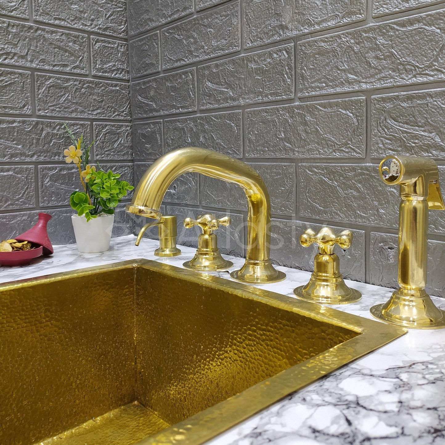 Unlacquered Brass 3 Holes Faucet with Cross or Lever Handles, Sprayer, and Soap Dispenser - Timeless Design for Kitchen or Bathroom