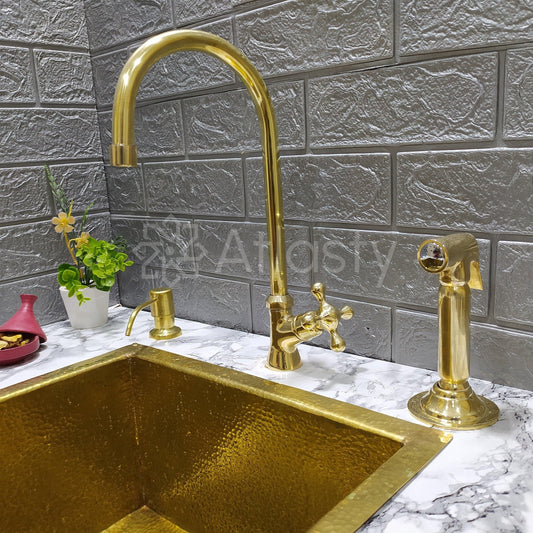 Unlacquered Brass Cold Water Faucet with Cross Handles, Sprayer and Soap Dispenser, Drinking Water Faucet