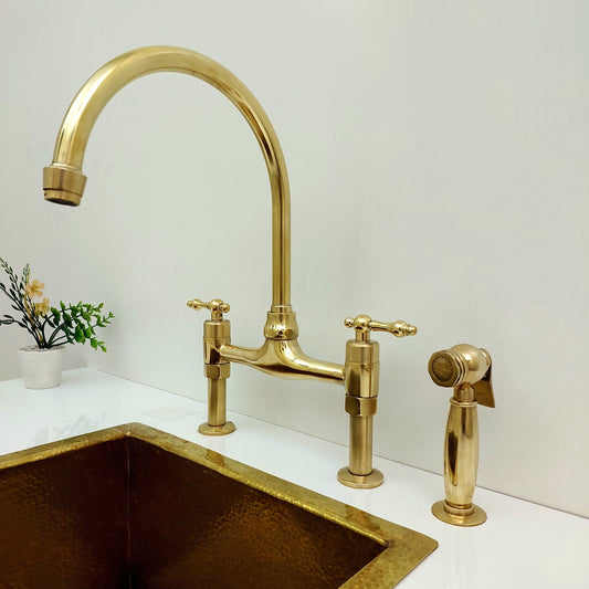 Unlacquered Brass Bridge Kitchen Faucet With Sprayer - 8" Spread - Ref: APCL-9