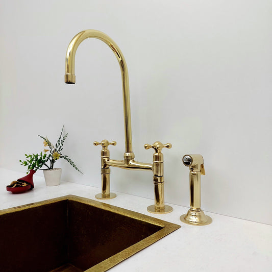 Unlacquered Brass Bridge Kitchen Faucet with Sprayer - Ref: APCL-1
