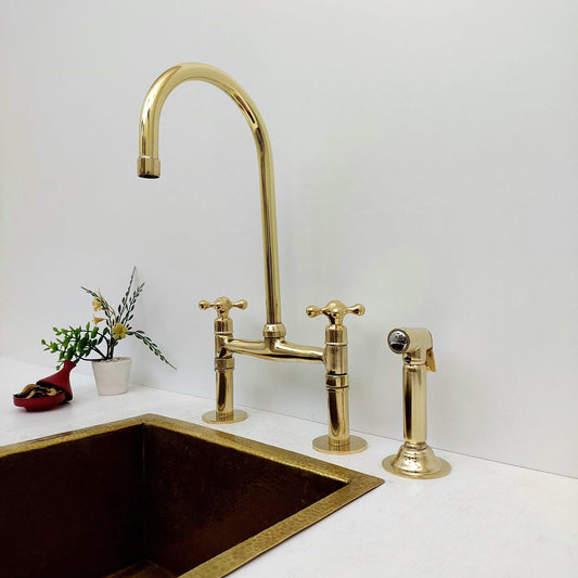 Unlacquered Brass Bridge Kitchen Faucet with Sprayer - Ref: APCL-1