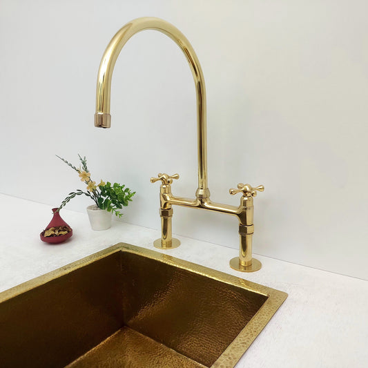 8" Unlacquered Brass Bridge Kitchen Faucet