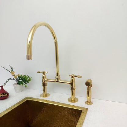 8" Unlacquered Brass Bridge Kitchen Faucet with Sprayer