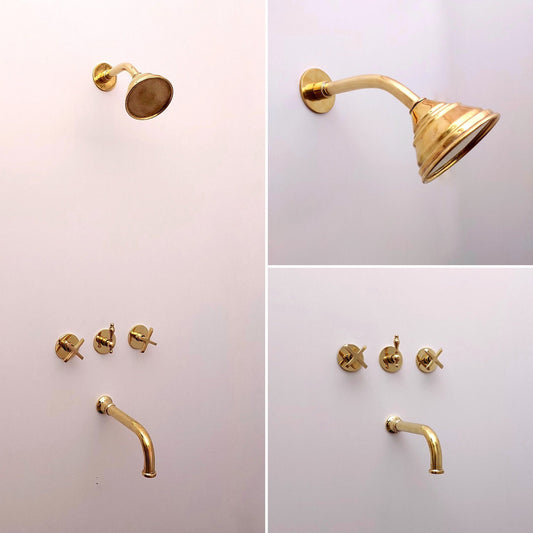 Unlacquered Brass Shower System with Tub Filler and Round Shower Head - Ref: ATLASS34