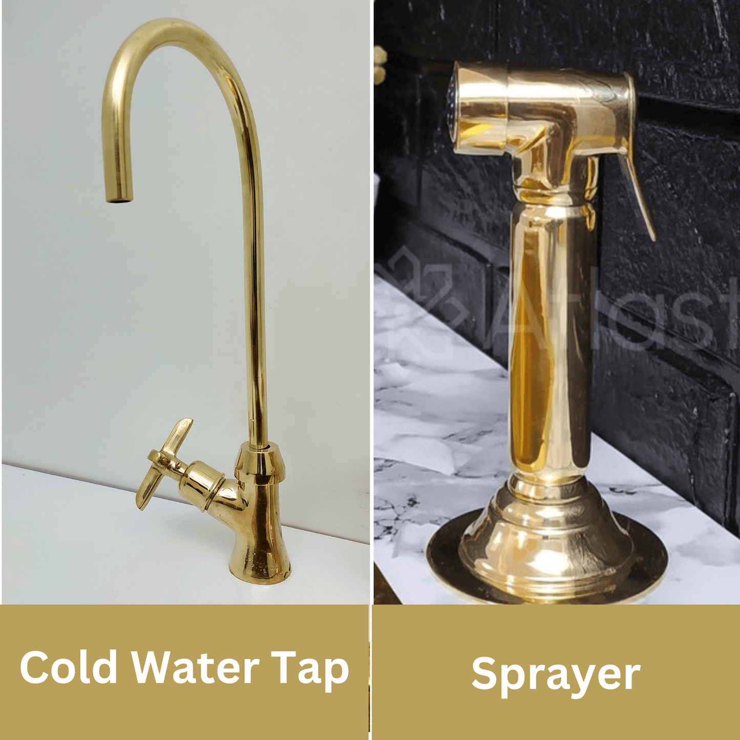 Unlacquered Brass Bridge Kitchen Faucet with Sprayer, Cold Water Tap, and Cross Handles - Ref: APC-96