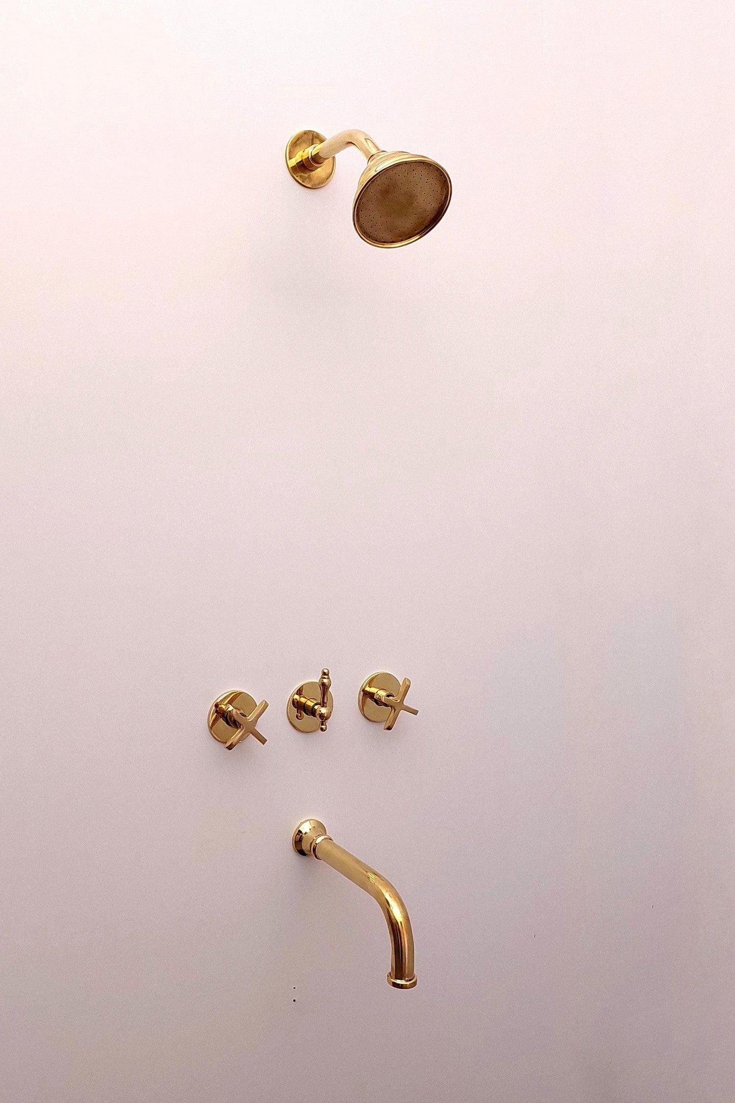 Unlacquered Brass Shower System with Tub Filler and Round Shower Head - Ref: ATLASS34