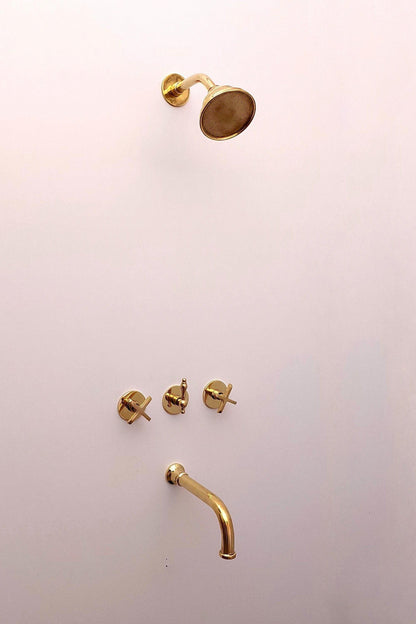 Unlacquered Brass Shower System with Tub Filler and Round Shower Head - Ref: ATLASS34