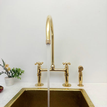 8" Unlacquered Brass Bridge Kitchen Faucet with Sprayer